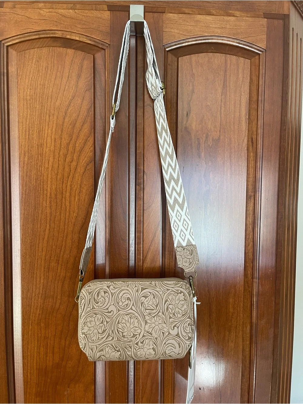 Embossed Floral Crossbody Bag in Beige with Patterned Strap